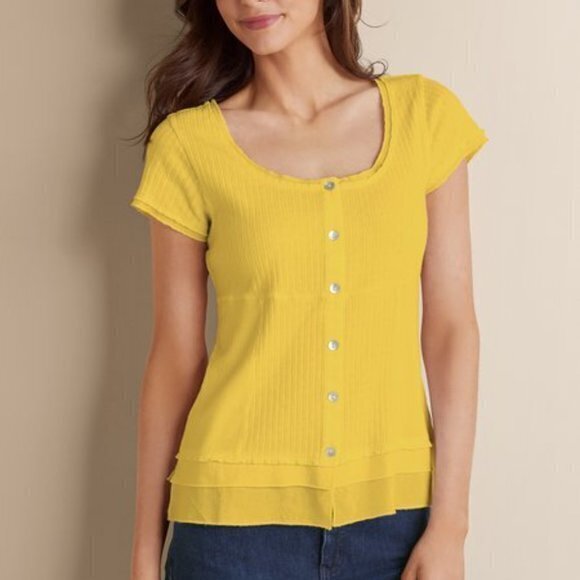 Soft Surroundings Red Roma Ribbed Tee Top Short Sleeve‎ Button Down Womens Sz XL - Picture 2 of 6